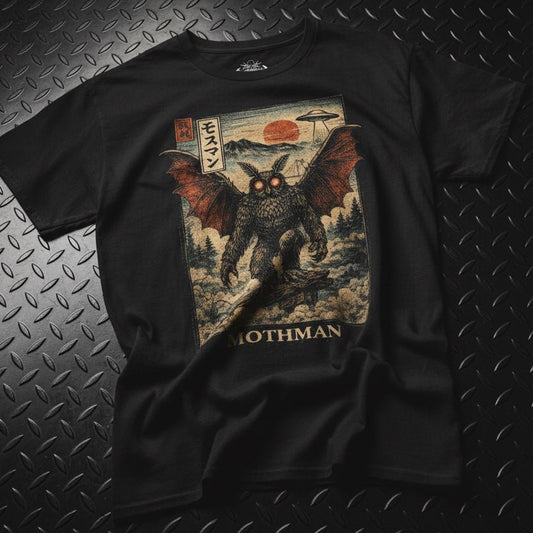 T-Shirt - Mothman Japan Shirt | Unisex Heavy Cotton - Gildan 5000 | Mothman, Cryptids, Horror, Goth/Gothic from Crypto Zoo Tees