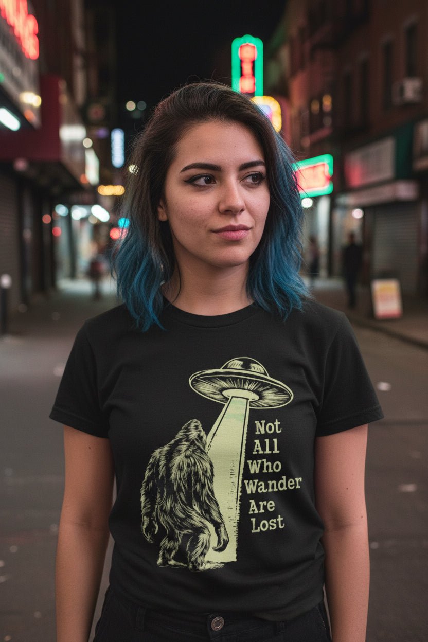 T-Shirt - Not All Who Wander Are Lost Bigfoot UFO | Bella + Canvas Unisex T-shirt from Crypto Zoo Tees