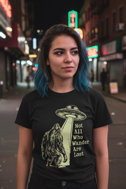 T-Shirt - Not All Who Wander Are Lost Bigfoot UFO | Bella + Canvas Unisex T-shirt from Crypto Zoo Tees