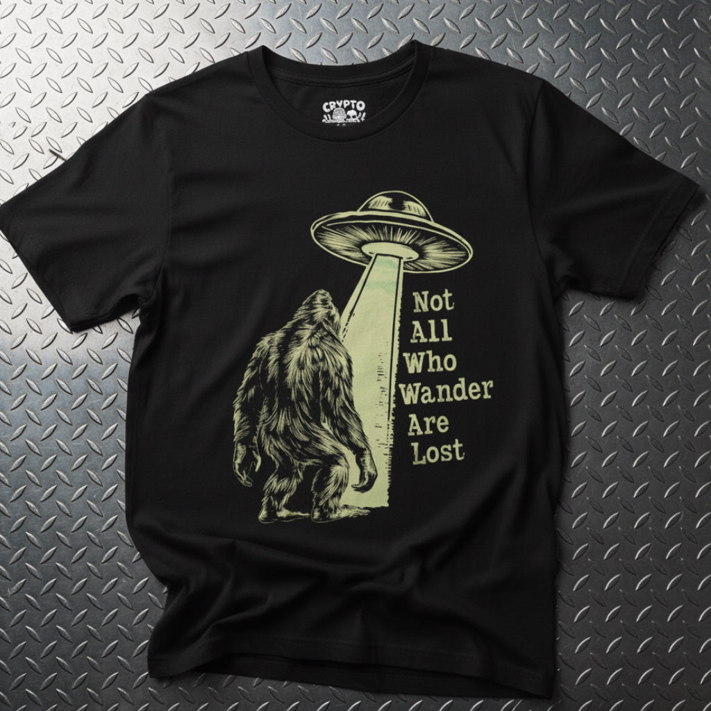 T-Shirt - Not All Who Wander Are Lost Bigfoot UFO | Bella + Canvas Unisex T-shirt from Crypto Zoo Tees