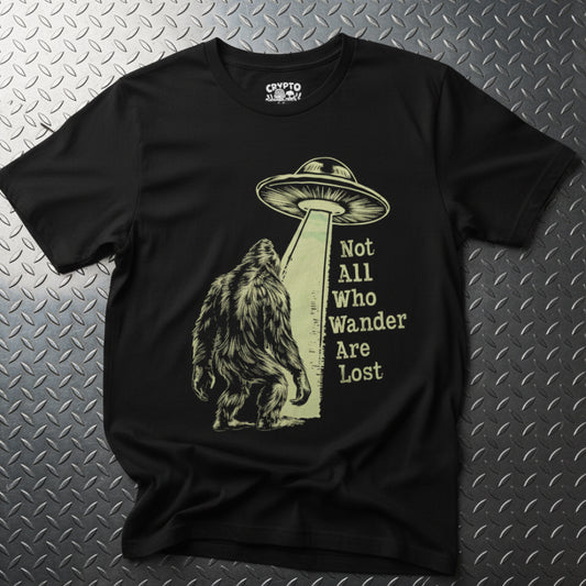 T-Shirt - Not All Who Wander Are Lost Bigfoot UFO | Bella + Canvas Unisex T-shirt from Crypto Zoo Tees