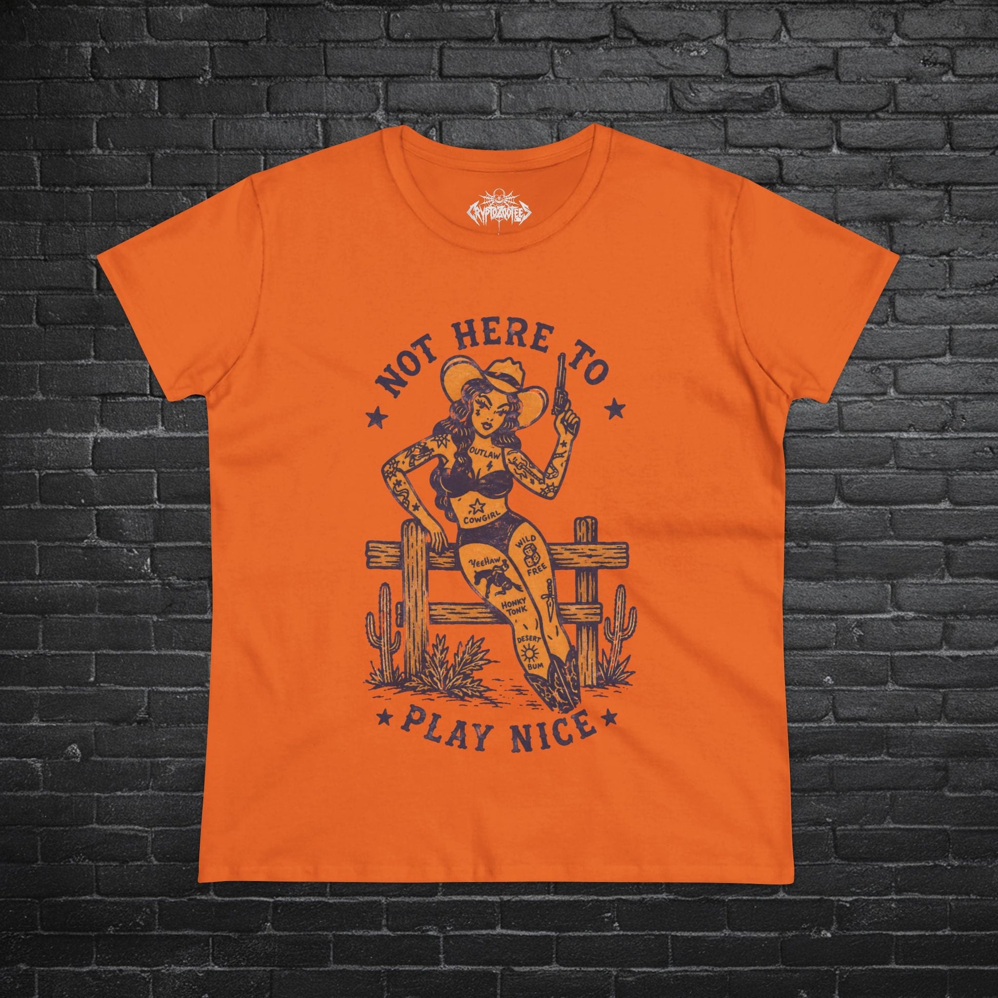 T-Shirt - Not Here To Play Nice Cowgirl Shirt | Ladies Tee - Gildan 5000L | Funny, Retro & Vintage | Rockabilly from SHIRT MONSTERS