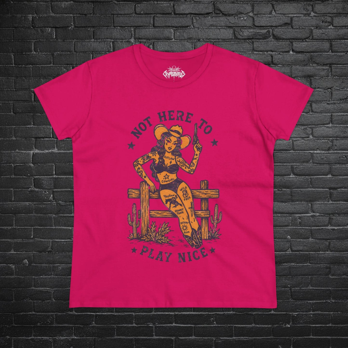 T-Shirt - Not Here To Play Nice Cowgirl Shirt | Ladies Tee - Gildan 5000L | Funny, Retro & Vintage | Rockabilly from SHIRT MONSTERS