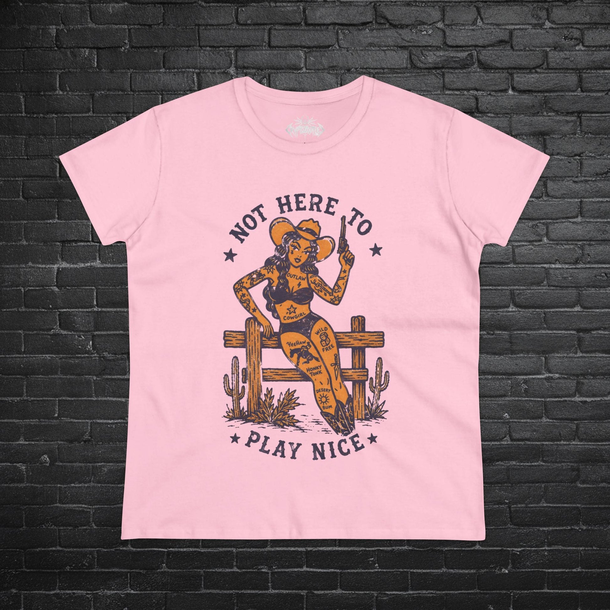 T-Shirt - Not Here To Play Nice Cowgirl Shirt | Ladies Tee - Gildan 5000L | Funny, Retro & Vintage | Rockabilly from SHIRT MONSTERS