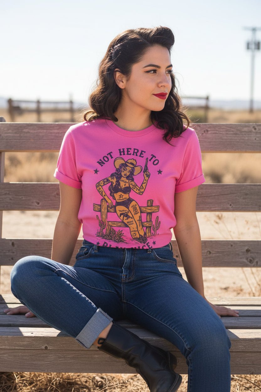 T-Shirt - Not Here To Play Nice Cowgirl Shirt | Ladies Tee - Gildan 5000L | Funny, Retro & Vintage | Rockabilly from SHIRT MONSTERS