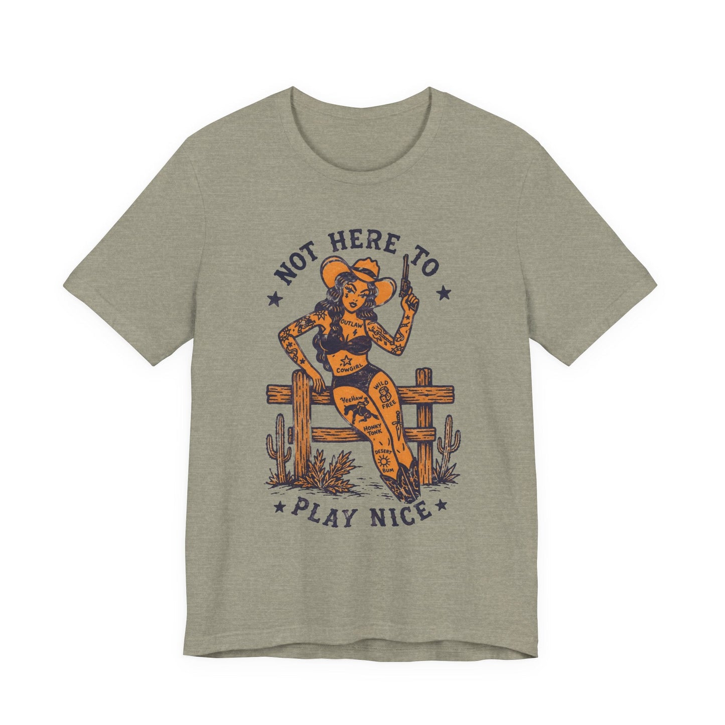 T-Shirt - Not Here To Play Nice Cowgirl Shirt | Light Fitted - Unisex Bella+Canvas 3001 | Funny, Retro & Vintage | Rockabilly from SHIRT MONSTERS