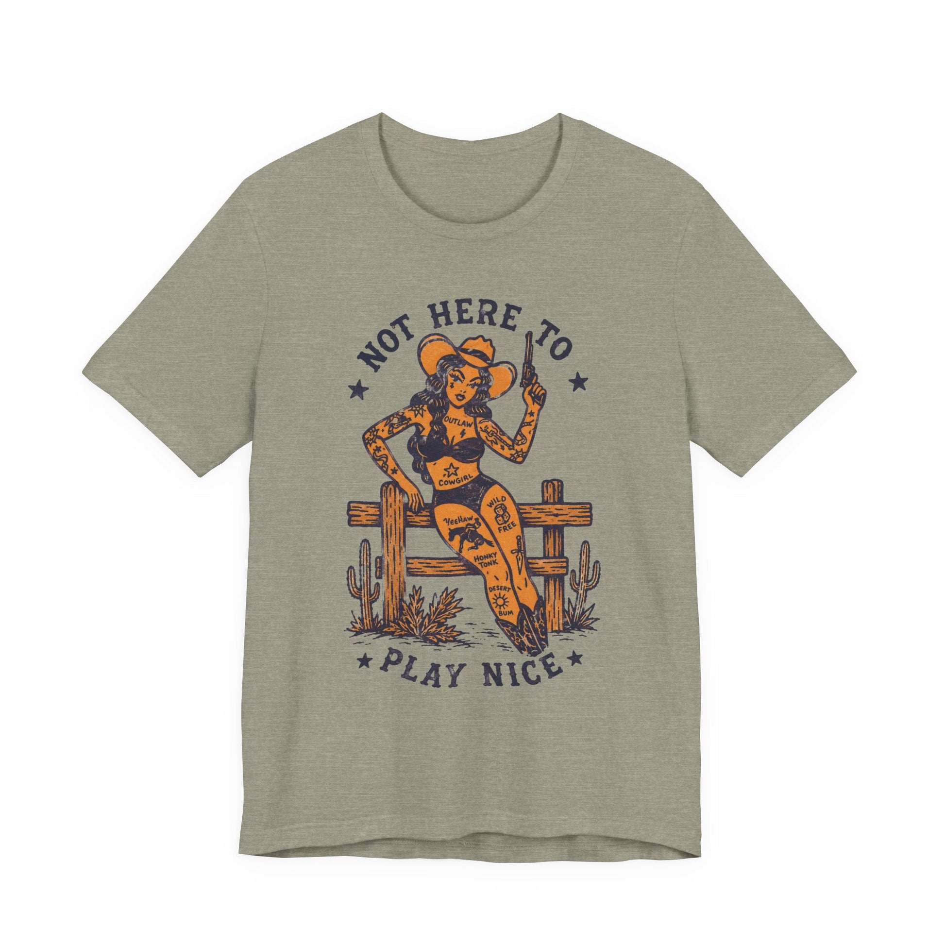T-Shirt - Not Here To Play Nice Cowgirl Shirt | Light Fitted - Unisex Bella+Canvas 3001 | Funny, Retro & Vintage | Rockabilly from SHIRT MONSTERS
