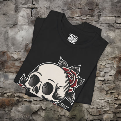 T-Shirt - Old School Skull and Roses Shirt American Traditional Tattoo T-Shirt Vintage Skull Graphic Tee Gift for Tattoo Lovers Classic Ink Style from Crypto Zoo Tees