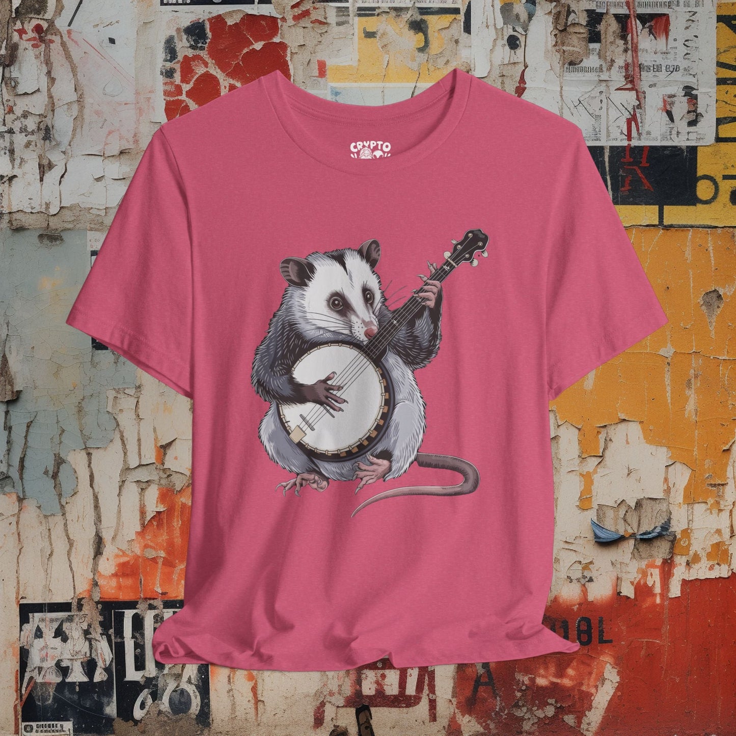 T-Shirt - opossum on banjo Tee, Retro Graphic Shirt, Funny Quirky T-Shirt, Unique Unisex Apparel, Chicken Tee, Edgy Nostalgic Shirt from Crypto Zoo Tees