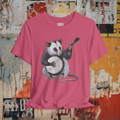 T-Shirt - opossum on banjo Tee, Retro Graphic Shirt, Funny Quirky T-Shirt, Unique Unisex Apparel, Chicken Tee, Edgy Nostalgic Shirt from Crypto Zoo Tees