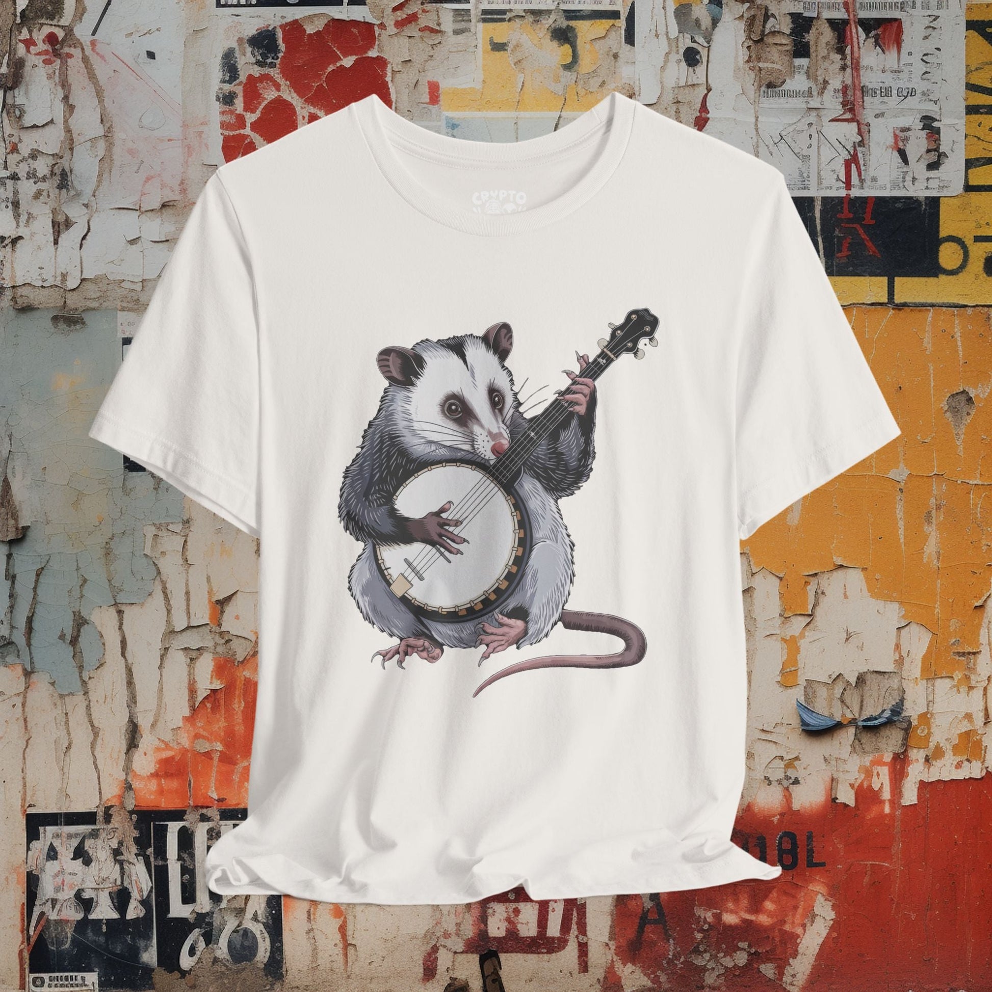 T-Shirt - opossum on banjo Tee, Retro Graphic Shirt, Funny Quirky T-Shirt, Unique Unisex Apparel, Chicken Tee, Edgy Nostalgic Shirt from Crypto Zoo Tees