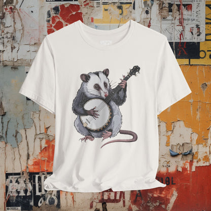 T-Shirt - opossum on banjo Tee, Retro Graphic Shirt, Funny Quirky T-Shirt, Unique Unisex Apparel, Chicken Tee, Edgy Nostalgic Shirt from Crypto Zoo Tees