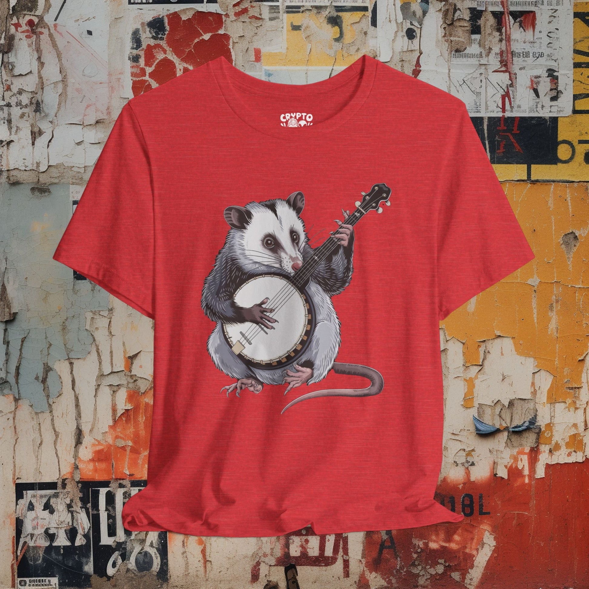 T-Shirt - opossum on banjo Tee, Retro Graphic Shirt, Funny Quirky T-Shirt, Unique Unisex Apparel, Chicken Tee, Edgy Nostalgic Shirt from Crypto Zoo Tees