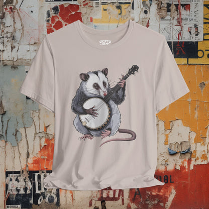 T-Shirt - opossum on banjo Tee, Retro Graphic Shirt, Funny Quirky T-Shirt, Unique Unisex Apparel, Chicken Tee, Edgy Nostalgic Shirt from Crypto Zoo Tees