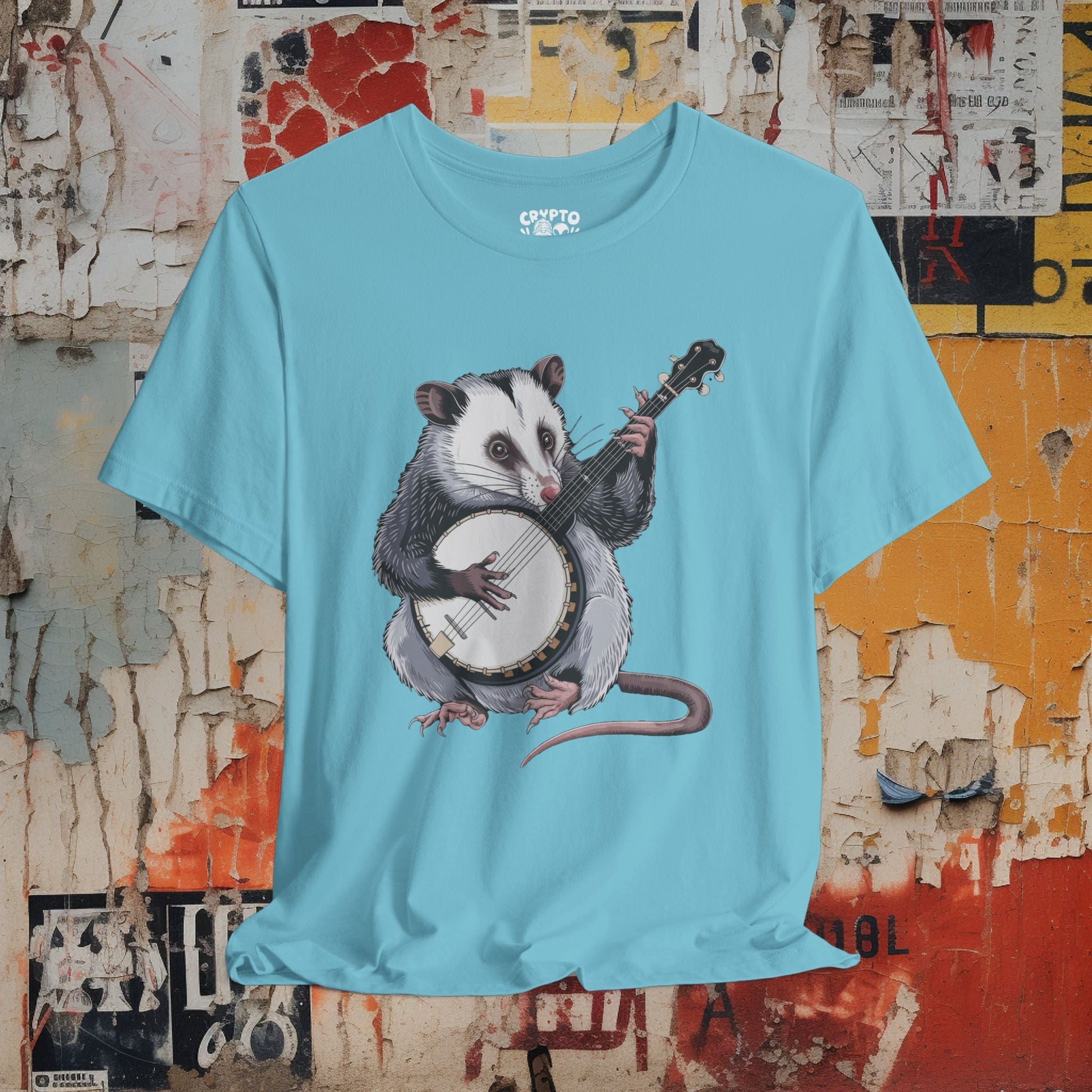 T-Shirt - opossum on banjo Tee, Retro Graphic Shirt, Funny Quirky T-Shirt, Unique Unisex Apparel, Chicken Tee, Edgy Nostalgic Shirt from Crypto Zoo Tees