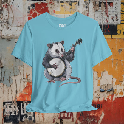 T-Shirt - opossum on banjo Tee, Retro Graphic Shirt, Funny Quirky T-Shirt, Unique Unisex Apparel, Chicken Tee, Edgy Nostalgic Shirt from Crypto Zoo Tees