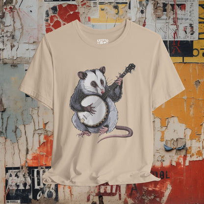 T-Shirt - opossum on banjo Tee, Retro Graphic Shirt, Funny Quirky T-Shirt, Unique Unisex Apparel, Chicken Tee, Edgy Nostalgic Shirt from Crypto Zoo Tees