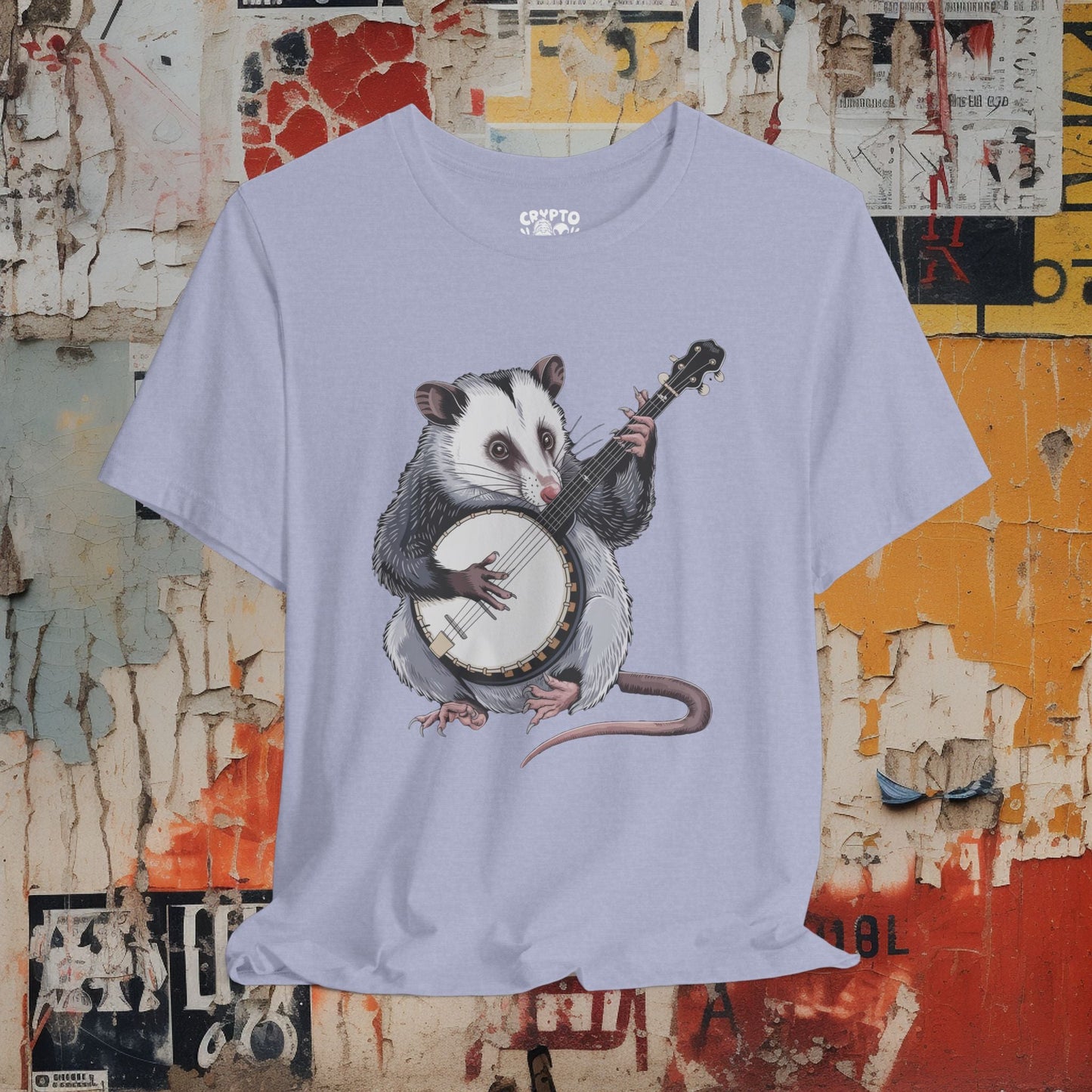 T-Shirt - opossum on banjo Tee, Retro Graphic Shirt, Funny Quirky T-Shirt, Unique Unisex Apparel, Chicken Tee, Edgy Nostalgic Shirt from Crypto Zoo Tees