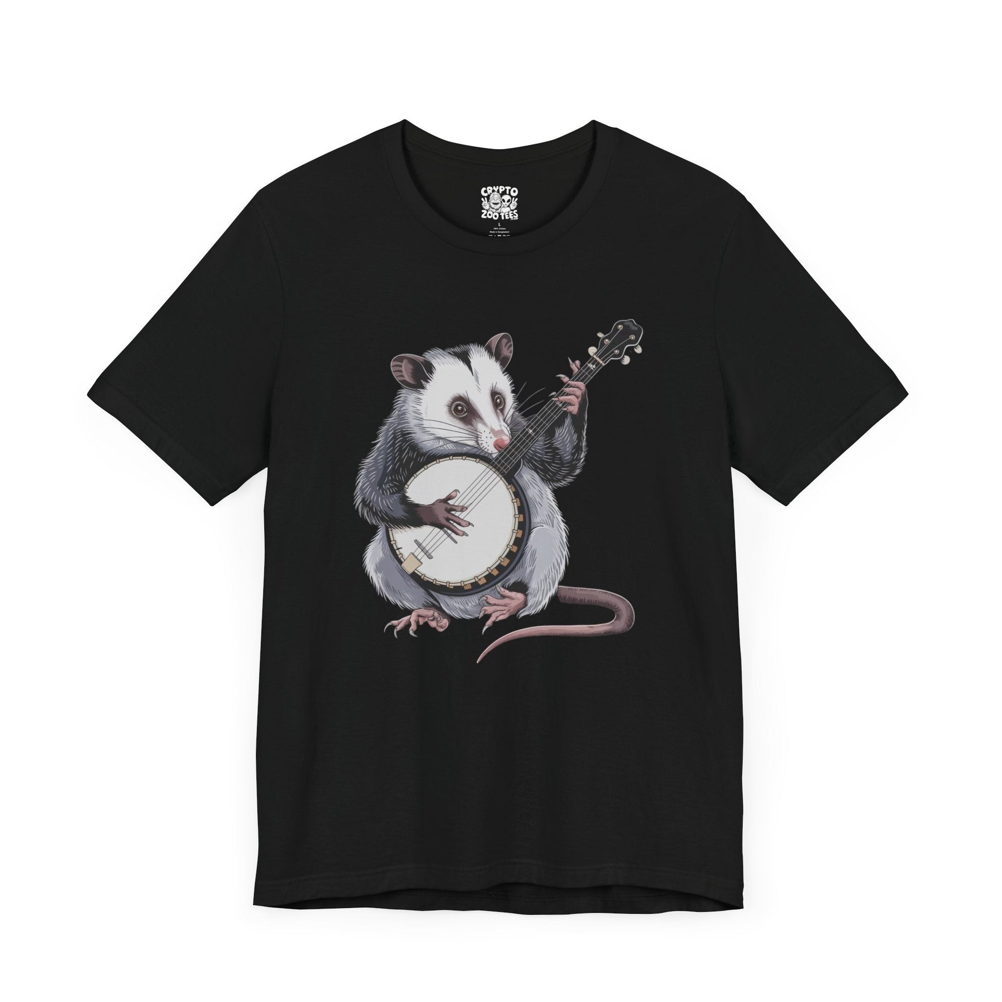 T-Shirt - opossum on banjo Tee, Retro Graphic Shirt, Funny Quirky T-Shirt, Unique Unisex Apparel, Chicken Tee, Edgy Nostalgic Shirt from Crypto Zoo Tees