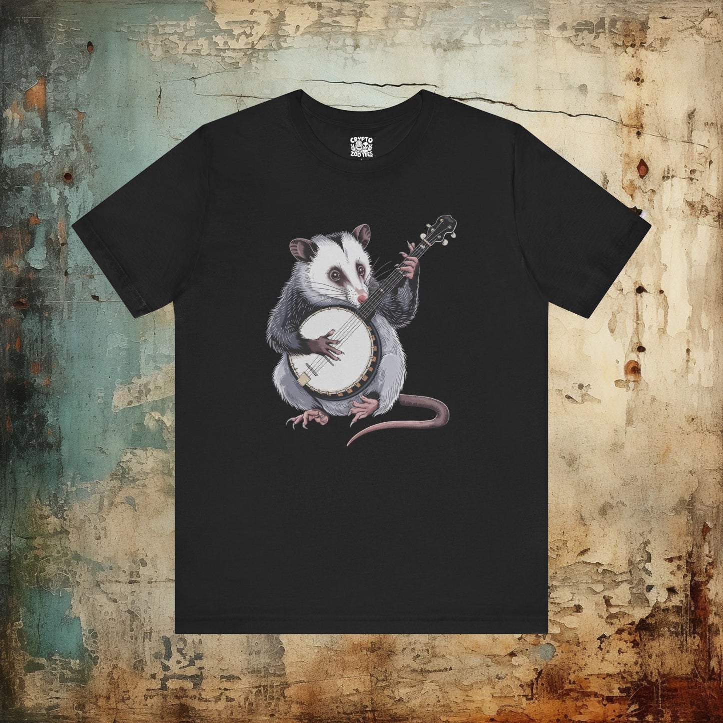 T-Shirt - opossum on banjo Tee, Retro Graphic Shirt, Funny Quirky T-Shirt, Unique Unisex Apparel, Chicken Tee, Edgy Nostalgic Shirt from Crypto Zoo Tees