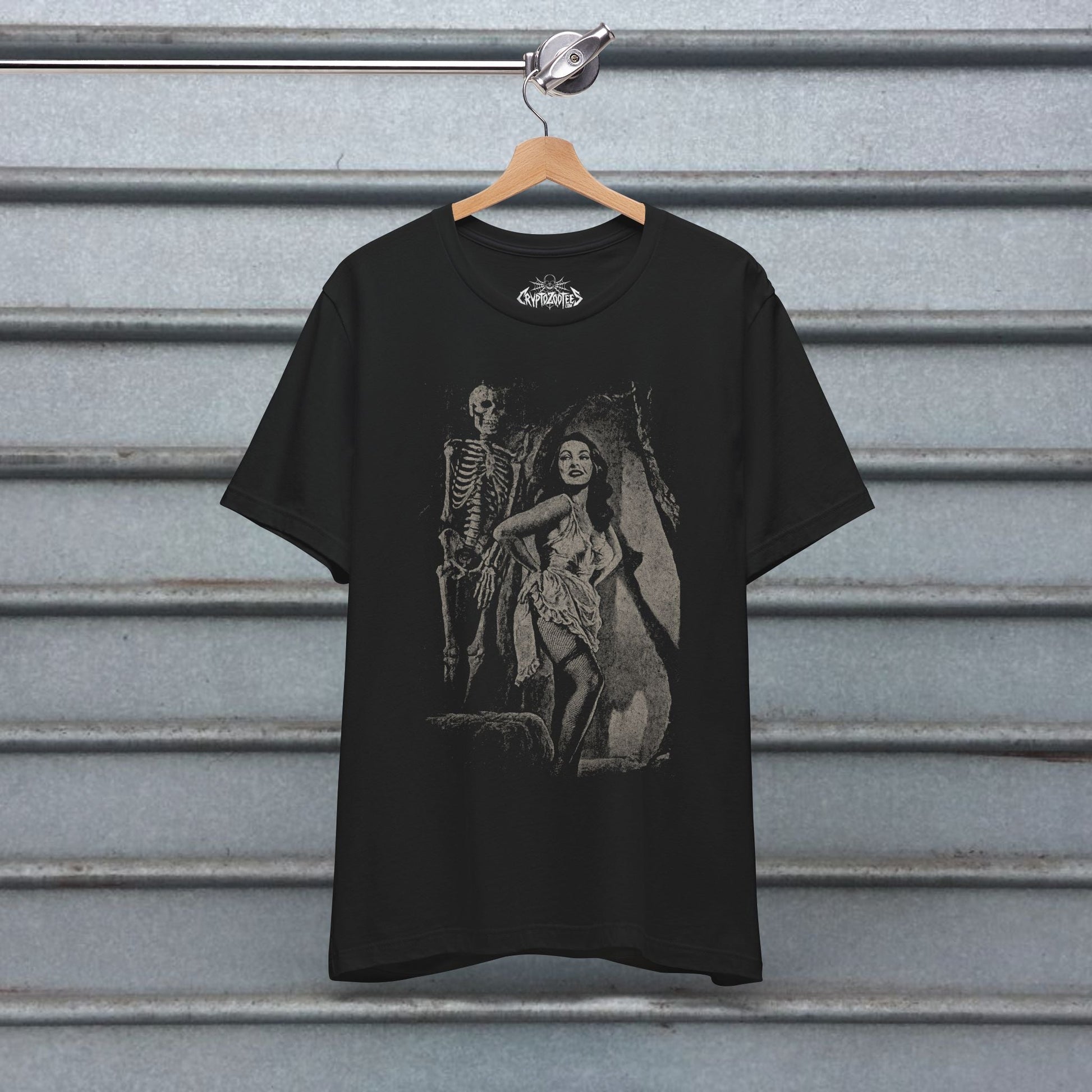 T-Shirt - Pin - Up Skeleton Babe | Unisex T-shirt (Bella+Canvas 3001) | Horror, Skulls &amp; Skeletons | Goth/Gothic, Rockabilly from Crypto Zoo Tees