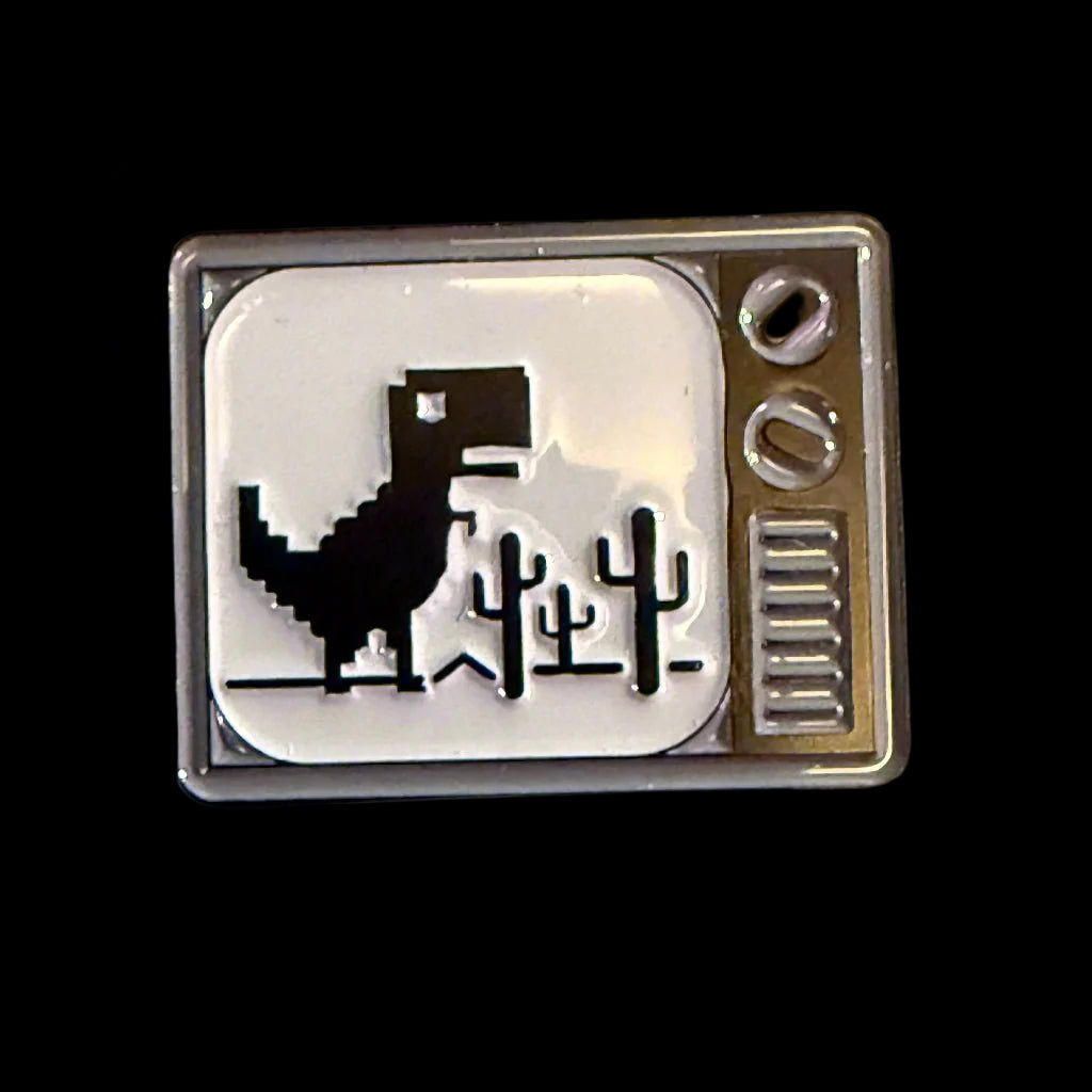  - Pixel Dinosaur on TV Pinback Button | Pinback Button | Funny | Retro & Vintage from Crypto Zoo Tees