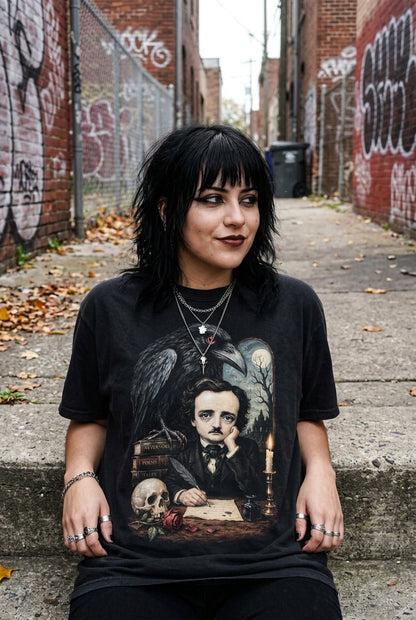 T-Shirt - Poe Raven Shirt Edgar Allan Poe T Shirt Gothic Literature Sweatshirt Nevermore Hoodie Dark Academia Outfit Book Lover Gift for Horror from SHIRT MONSTERS