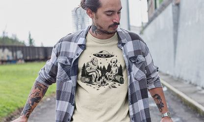 Bigfoot with Gray Alien and UFO Tee | Unisex T-shirt | Cryptids, UFOs | Funny, Quirky
