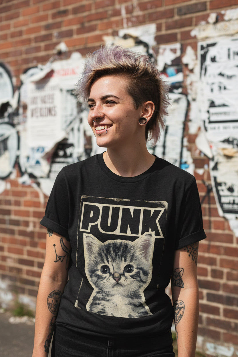 T-Shirt - Punk Kitten T-shirt | Bella+Canvas Shirt | Punk Rock Cat Kitty Tee from Crypto Zoo Tees