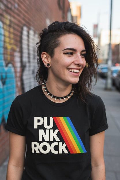 T-Shirt - Punk Rock Shirt - Fitted Tee - Bella+ - Rainbow T-Shirt Retro Music Black Tee Vintage Band Style Shirt Classic Rock Gift For Punk Fans from Crypto Zoo Tees