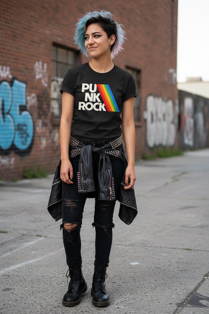 T-Shirt - Punk Rock Shirt - Fitted Tee - Bella+ - Rainbow T-Shirt Retro Music Black Tee Vintage Band Style Shirt Classic Rock Gift For Punk Fans from Crypto Zoo Tees