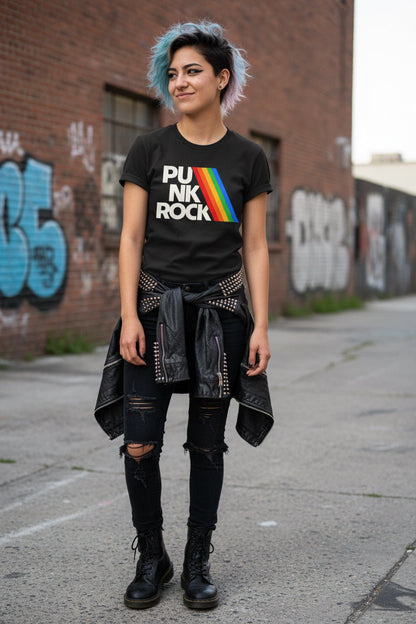 T-Shirt - Punk Rock Shirt - Fitted Tee - Bella+ - Rainbow T-Shirt Retro Music Black Tee Vintage Band Style Shirt Classic Rock Gift For Punk Fans from Crypto Zoo Tees