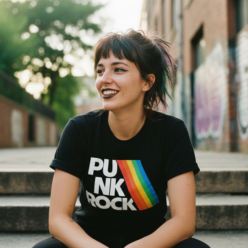 T-Shirt - Punk Rock Shirt - Fitted Tee - Bella+ - Rainbow T-Shirt Retro Music Black Tee Vintage Band Style Shirt Classic Rock Gift For Punk Fans from Crypto Zoo Tees