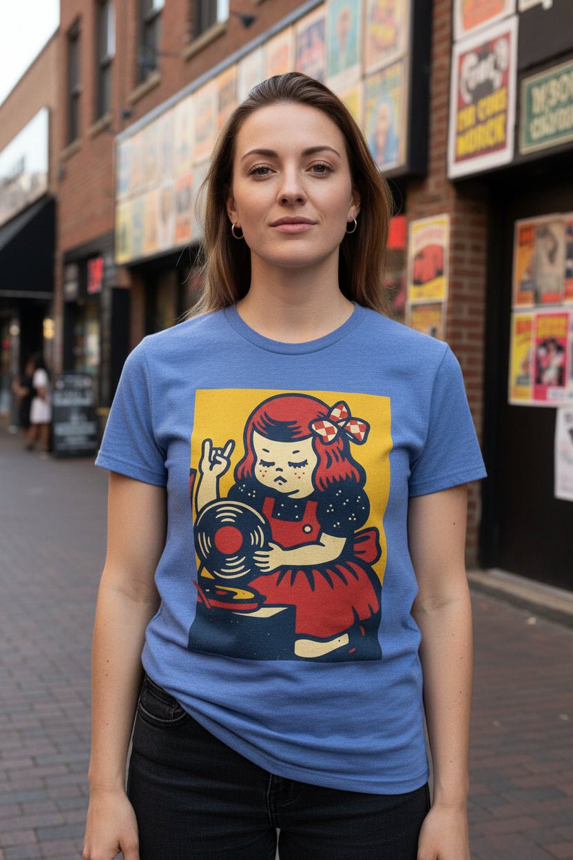 T-Shirt - Retro Vinyl Girl Shirt | Music, Retro & Vintage | Light Fitted - Unisex Bella+Canvas 3001 from SHIRT MONSTERS