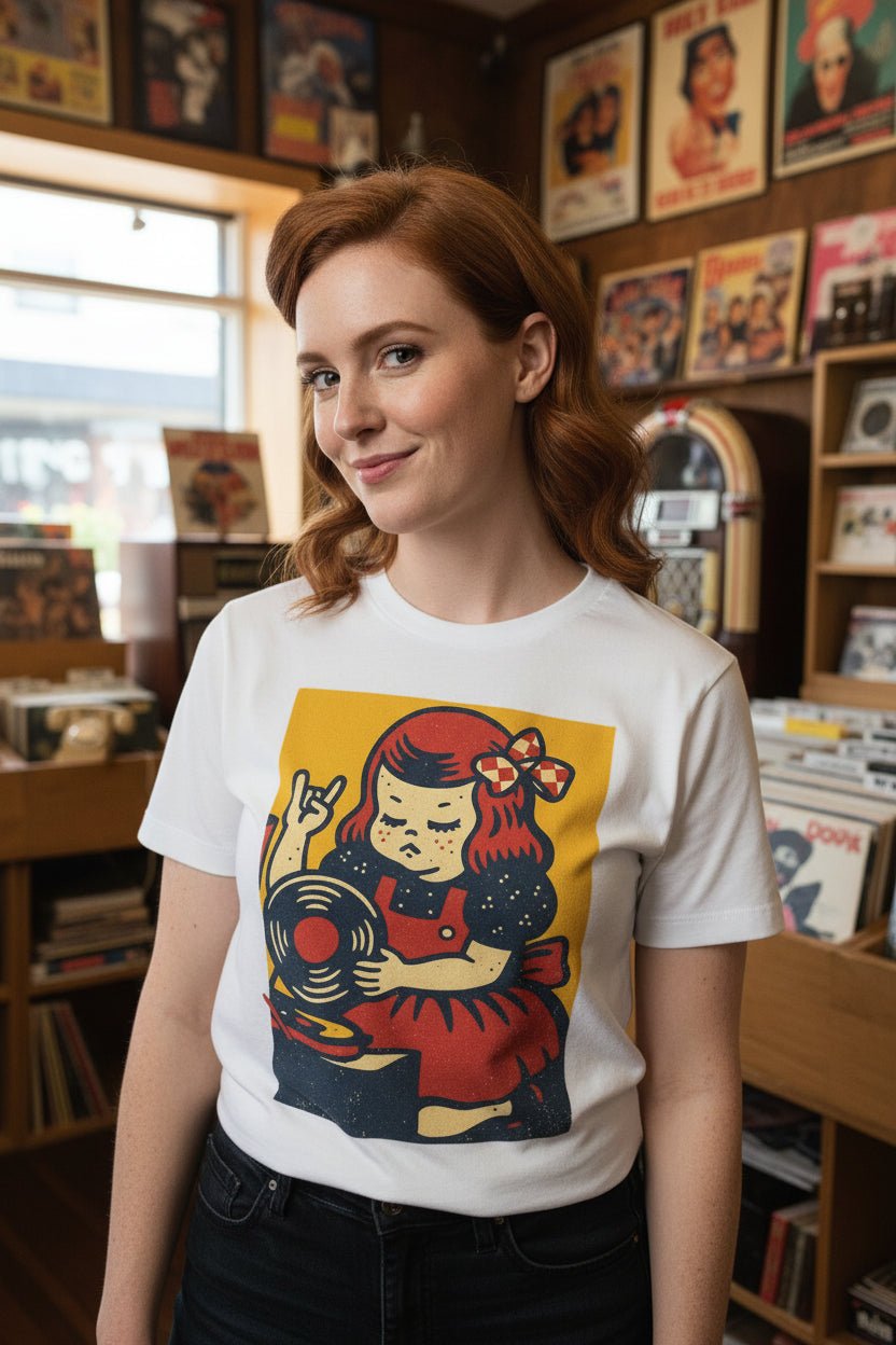 T-Shirt - Retro Vinyl Girl Shirt | Music, Retro & Vintage | Light Fitted - Unisex Bella+Canvas 3001 from SHIRT MONSTERS