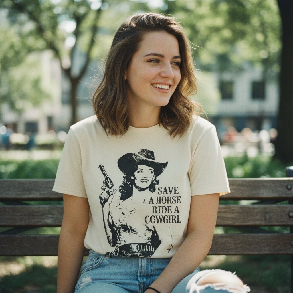 T-Shirt - Ride A Cowgirl Shirt MANY COLORS | Unisex Heavy Cotton - Gildan 5000 | Funny | Rockabilly from Crypto Zoo Tees