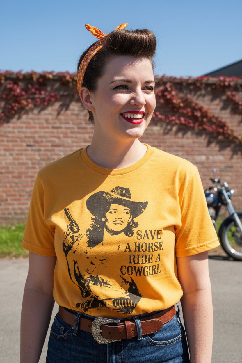 T-Shirt - Ride A Cowgirl Shirt MANY COLORS | Unisex Heavy Cotton - Gildan 5000 | Funny | Rockabilly from Crypto Zoo Tees