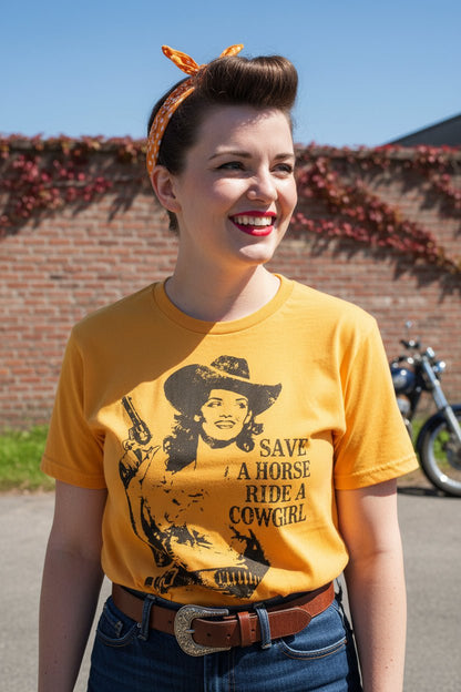 T-Shirt - Ride A Cowgirl Shirt MANY COLORS | Unisex Heavy Cotton - Gildan 5000 | Funny | Rockabilly from Crypto Zoo Tees