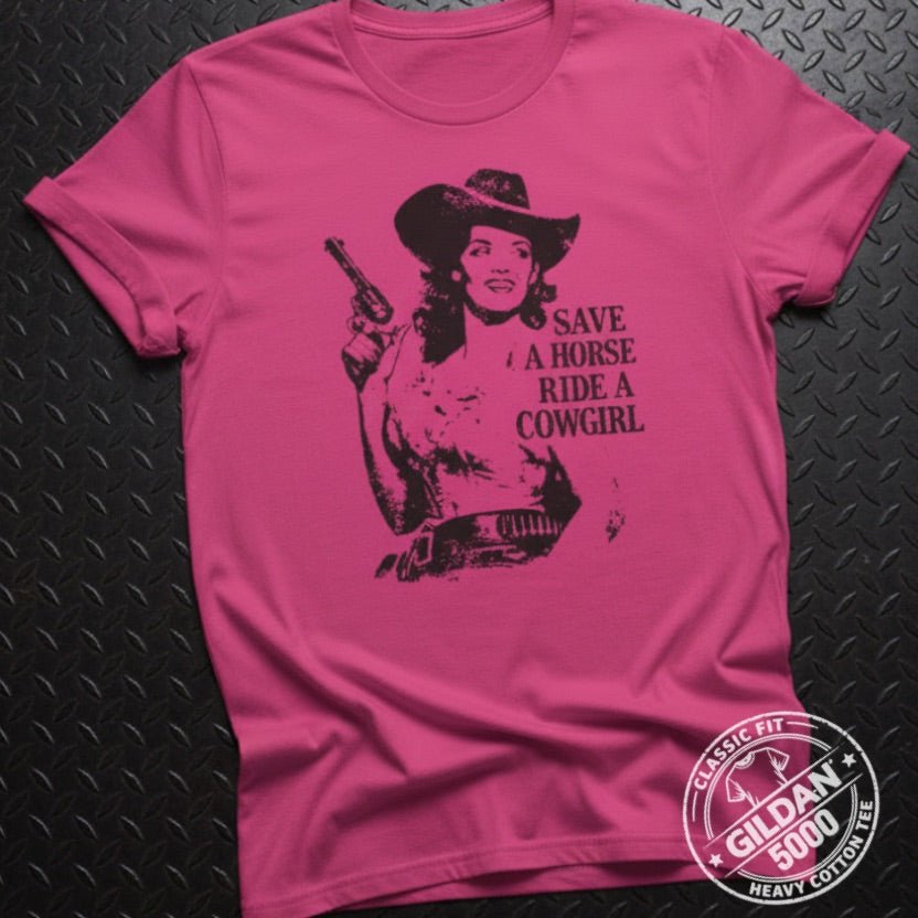 T-Shirt - Ride A Cowgirl Shirt MANY COLORS | Unisex Heavy Cotton - Gildan 5000 | Funny | Rockabilly from Crypto Zoo Tees