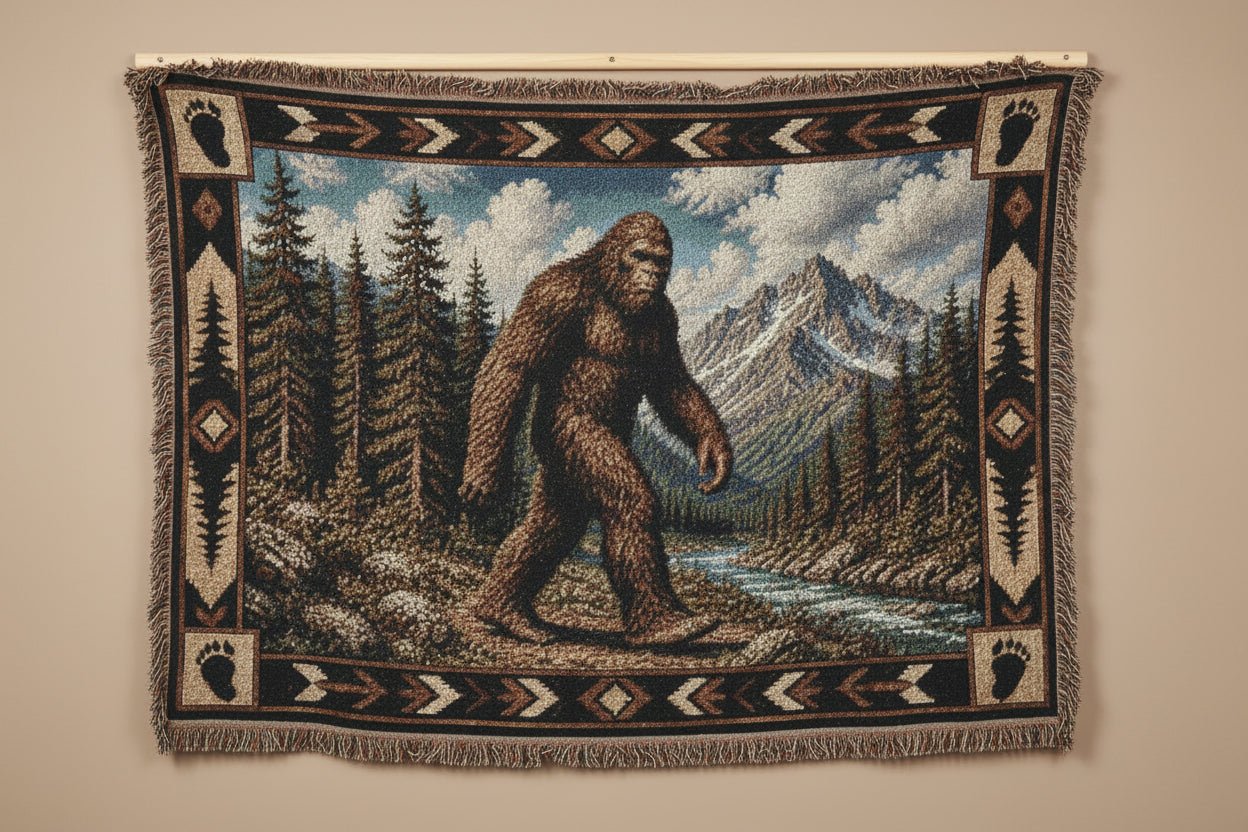 Home Decor - Rustic Bigfoot Blanket | Cabin Throw | Woven Cotton Throw | Bigfoot, Cryptids from Crypto Zoo Tees