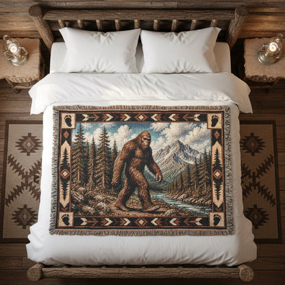 Home Decor - Rustic Bigfoot Blanket | Cabin Throw | Woven Cotton Throw | Bigfoot, Cryptids from Crypto Zoo Tees