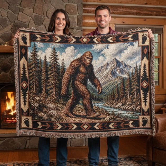 Home Decor - Rustic Bigfoot Blanket | Cabin Throw | Woven Cotton Throw | Bigfoot, Cryptids from Crypto Zoo Tees