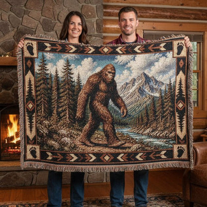 Home Decor - Rustic Bigfoot Blanket | Cabin Throw | Woven Cotton Throw | Bigfoot, Cryptids from Crypto Zoo Tees