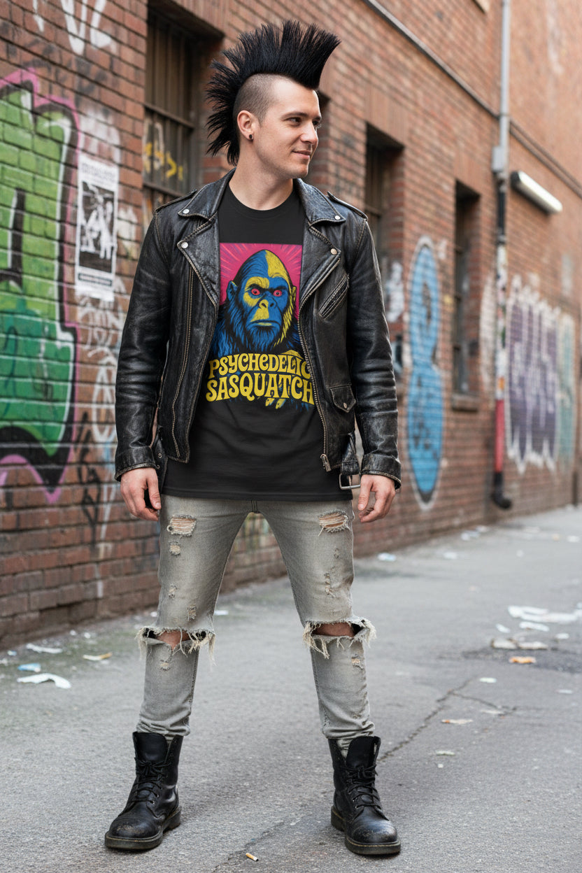 T-Shirt - Sasquatch T-Shirt Psychedelic Bigfoot Shirt Trippy Hippy Tee Black Tee Colorful Cryptid Graphic Tee Boho Style Gift For Bigfoot Fan from Crypto Zoo Tees