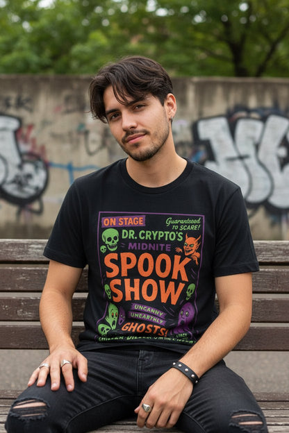 T-Shirt - Spook Show Ghost T Shirt | Light Fitted - Unisex Bella+Canvas 3001 | Ghosts & Paranormal, Halloween | Goth/Gothic from SHIRT MONSTERS
