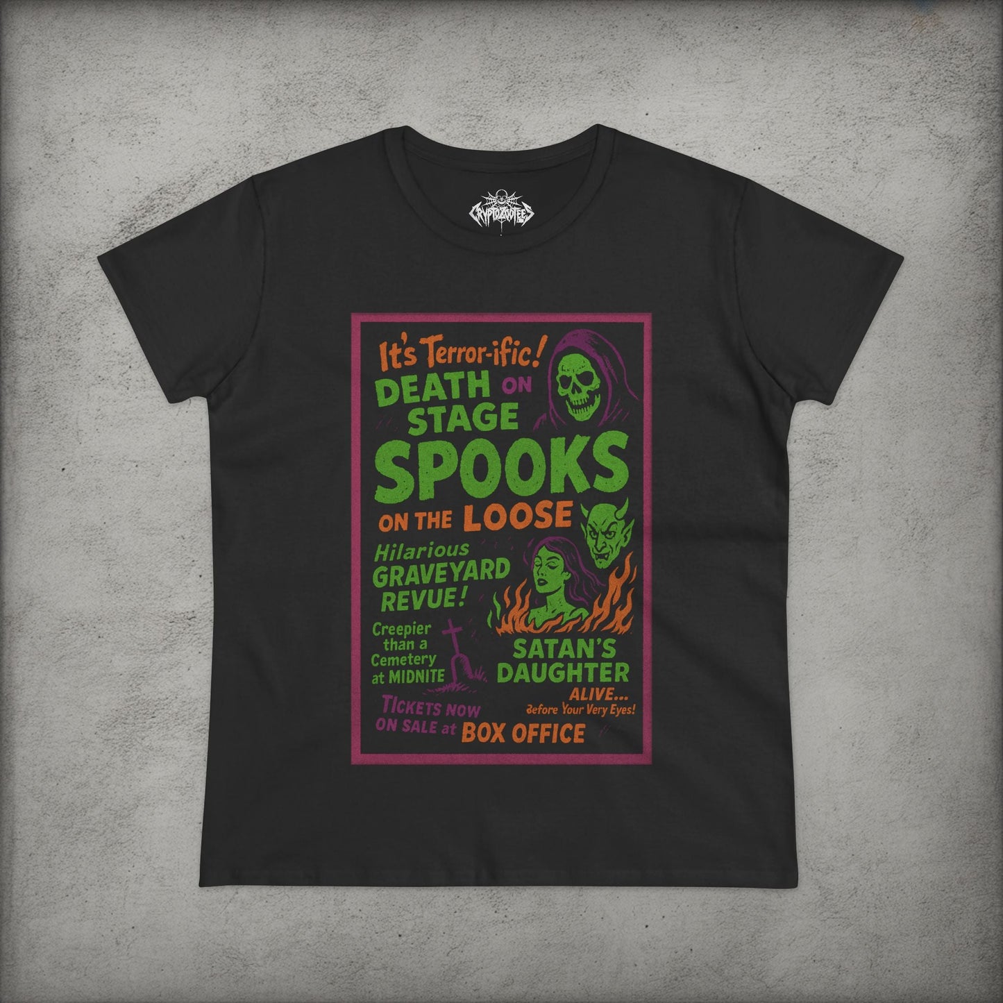 T-Shirt - Spookshow | Halloween, Retro & Vintage | Unisex Shirt, Ladies Tee, Tank Top, Long Sleeve, Sweatshirt, Hoodie from Crypto Zoo Tees
