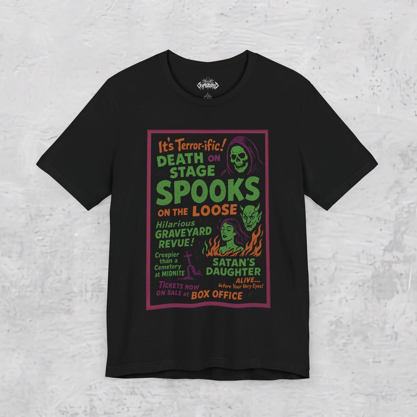 T-Shirt - Spookshow | Halloween, Retro & Vintage | Unisex Shirt, Ladies Tee, Tank Top, Long Sleeve, Sweatshirt, Hoodie from Crypto Zoo Tees