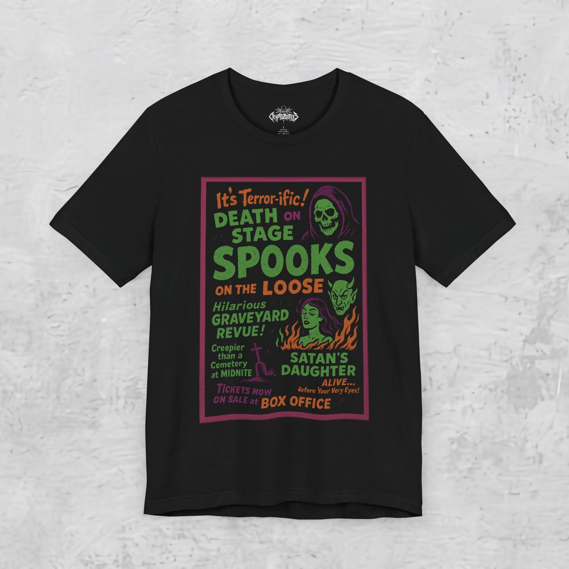T-Shirt - Spookshow | Halloween, Retro & Vintage | Unisex Shirt, Ladies Tee, Tank Top, Long Sleeve, Sweatshirt, Hoodie from Crypto Zoo Tees