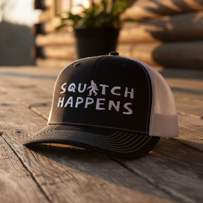 Hats - Squatch Happens Hat | Trucker Cap | Bigfoot, Funny from Crypto Zoo Tees