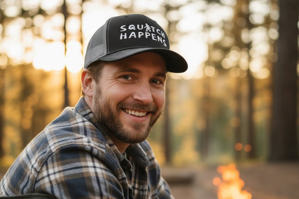 Hats - Squatch Happens Hat | Trucker Cap | Bigfoot, Funny from Crypto Zoo Tees